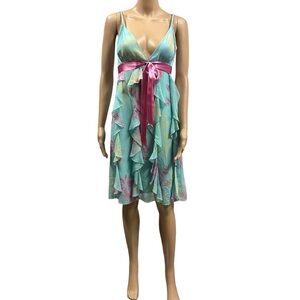 BCBGMaxAzria Silk Y2K Teal Print Pink Bow Ruffled Zip Side Spag Strap Dress 10